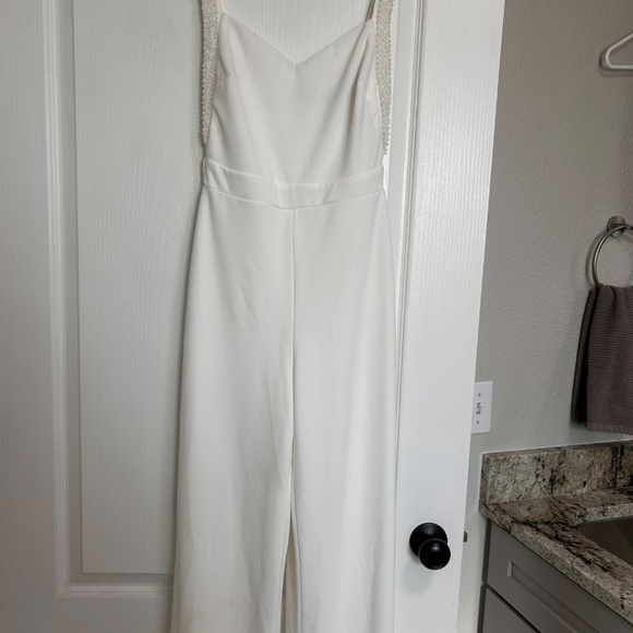 Lulus Love Aglow White Pearl Beaded Sleeveless Straight Leg Jumpsuit - Size S - Picture 3 of 7